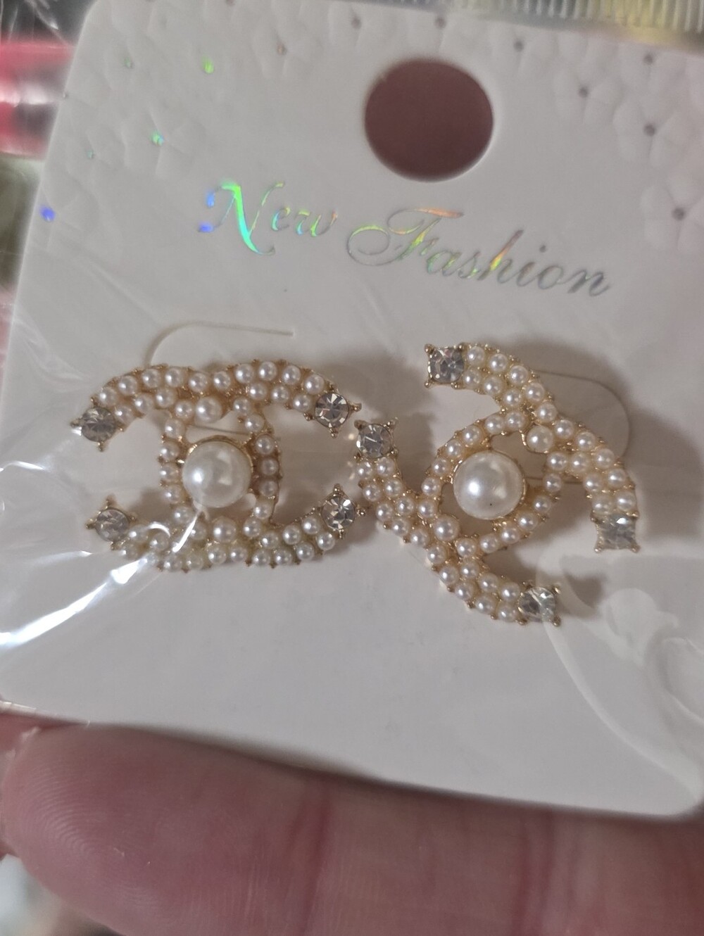 Gold Pearl Accent Interlocking Hoop Earrings -